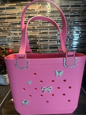 Pink Women's Tote Bag with Crystal Accents